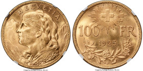 Confederation gold 100 Francs 1925-B MS64+ NGC, Bern mint, KM39, HMZ-2-1193a, Fr-502. Mintage: 5000. Even more warmly lustrous than usual for this typ...