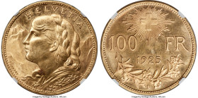 Confederation gold 100 Francs 1925-B MS64 NGC, Bern mint, KM39, HMZ-2-1193a, Fr-502. Mintage: 5,000. An ethereal luster and a deep, honey-gold tone hi...