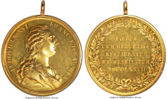 Confederation gold "Alliance with France" Medal 1777-Dated UNC Details (Obverse Spot Removed) NGC, Haller-108. 74mm. 243.63gm. By B. Duvivier. LUDOVIC...