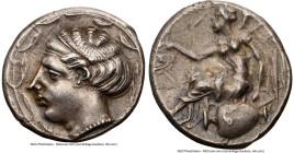 BRUTTIUM. Terina. Ca. 440-425 BC. AR stater (21mm, 7.97 gm, 4h). NGC Choice XF 4/5 - 4/5. Ca. 440-425 BC. Head of nymph Terina left, hair bound with a...