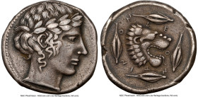 SICILY. Leontini. Ca. 450-430 BC. AR tetradrachm (26mm, 16.98 gm, 1h). NGC Choice VF 5/5 - 4/5. Laureate head of Apollo left / LE-O-N-T-IN-ON, head of...