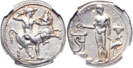 SICILY. Selinus. Ca. 417-409 BC. AR didrachm (21mm, 8.66 gm, 7h). NGC XF S 4/5 - 5/5, Fine Style. Heracles standing right, nude, wielding club in rais...