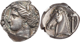 SICULO-PUNIC. Sicily. Ca. 320-300 BC. AR tetradrachm (25mm, 16.88 gm, 3h). NGC AU 4/5 - 4/5. Head of Arethusa left, wreathed with reeds, wearing pearl...
