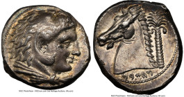 SICULO-PUNIC. Sicily. Ca. 300-289 BC. AR tetradrachm (25mm, 16.75 gm, 4h). NGC XF 5/5 - 3/5. Quaestors issue. Head of young Heracles right, wearing li...