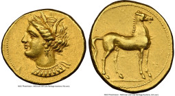 ZEUGITANA. Carthage. Ca. 350-320 BC. AV stater (20mm, 9.14 gm, 4h). NGC Choice XF 5/5 - 3/5, brushed. Bust of Tanit left, hair wreathed with grain ear...