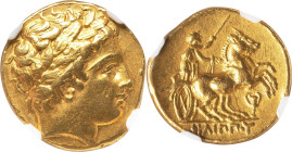 MACEDONIAN KINGDOM. Philip II (359-336 BC). AV stater (19mm, 8.60 gm, 10h). NGC XF 5/5 - 3/5, ex-jewelry, scuff. Posthumous issue, Pella III, ca. 323/...