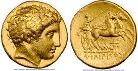MACEDONIAN KINGDOM. Philip II (359-336 BC). AV stater (18mm, 8.56 gm, 9h). NGC Choice VF 5/5 - 4/5. Posthumous issue, Pella, ca. 336-328 BC. Laureate ...