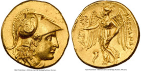 MACEDONIAN KINGDOM. Alexander III the Great (336-323 BC). AV stater (19mm, 8.58 gm, 12h). NGC AU 4/5 - 5/5, die shift. Late lifetime-early posthumous ...