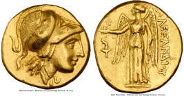 MACEDONIAN KINGDOM. Alexander III the Great (336-323 BC). AV stater (17mm, 8.56 gm, 10h). NGC Choice VF 5/5 - 3/5, brushed. Early posthumous issue, un...