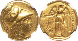 MACEDONIAN KINGDOM. Alexander III the Great (336-323 BC). AV stater (17mm, 8.53 gm, 12h). NGC Choice VF 5/5 - 2/5, ex-jewelry. Lifetime issue, Miletus...