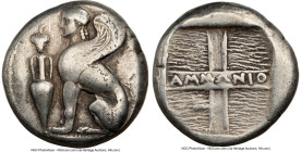 IONIAN ISLANDS. Chios. Ca. 400-350 BC. AR tetradrachm (22mm, 15.11 gm, 8h). NGC Choice Fine S 5/5 - 5/5. Ammonius, magistrate. Winged sphinx seated le...