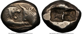LYDIAN KINGDOM. Croesus (561-546 BC). AR stater or double-siglos (18mm, 10.69 gm). NGC Choice VF 5/5 - 5/5. Croeseid standard, Sardes. Confronted fore...