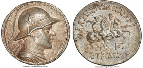BACTRIAN KINGDOM. Eucratides I the Great (ca. 170-145 BC). AR tetradrachm (31mm, 16.95 gm, 11h). NGC Choice AU 5/5 - 5/5. Draped and cuirassed bust of...
