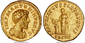 Marcus Aurelius, as Augustus (AD 161-180). AV aureus (19mm, 7.29 gm, 12h). NGC Choice VF 5/5 - 3/5, marks. Rome, AD 163. IMP M ANTONINVS AVG, bare-hea...