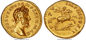 Lucius Verus (AD 161-169). AV aureus (19mm, 7.22 gm, 5h). NGC XF 5/5 - 4/5. Rome, February-December AD 165. L•VERVS AVG-ARM PARTH MAX, laureate head o...