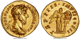 Lucius Verus (AD 161-169). AV aureus (19mm, 7.17 gm, 5h). NGC XF 5/5 - 2/5, ex-jewelry, brushed. Rome, December AD 163-December AD 164. •L•VERVS AVG-A...