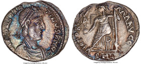 Constantine III (AD 407-411). AR siliqua (17mm, 1.40 gm, 1h). NGC AU 4/5 - 4/5. Lugdunum, AD 408-411. D N CONSTAN-TINVS P F AVG, pearl-diademed, drape...