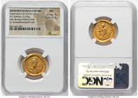 Valentinian III, Western Roman Empire (AD 425-455). AV solidus (22mm, 4.49 gm, 5h). NGC MS 5/5 - 4/5. Constantinople. D N VALENTIN-IANVS P F AVG, pear...