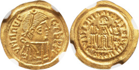 POST-ROMAN ITALY. The Lombards. Ca. AD 582-602. AV tremissis (18mm, 1.47 gm, 11h). NGC MS 5/5 - 5/5. Ca. AD 584-615. DNΠΠVI-CTbPPV (blundered), pearl-...