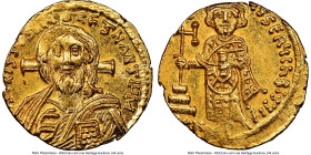 Justinian II, First Reign (AD 685-695). AV solidus (19mm, 4.47 gm, 7h). NGC MS 3/5 - 4/5. Constantinople, 10th officina, AD 692-695. IhS CRISΤDS RЄX-R...