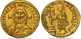 Justinian II, First Reign (AD 685-695). AV solidus (20mm, 4.42 gm, 7h). NGC AU 3/5 - 2/5, edge bend, marks. Constantinople, 9th officina, AD 692-695. ...