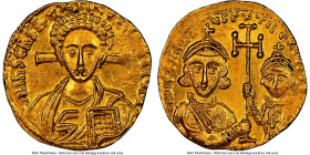 Justinian II Rhinotmetus, Second Reign (AD 705-711). AV solidus (20mm, 4.44 gm, 6h). NGC MS 4/5 - 4/5. Constantinople, AD 706-711. d N IhS ChS RЄX-RЄG...