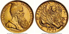 Zog I gold "Prince Skanderbeg" 20 Franga Ari 1927-V MS65 NGC, Vienna mint, KM12, Fr-6. Mintage: 5,053. Satiny fields and a golden glow carry this exam...