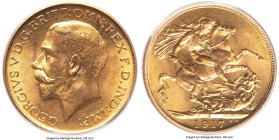 George V gold Sovereign 1917-S MS66 PCGS, Sydney mint, KM29, S-4003, Fr-38. Simply incredible and eminently collectible, this single-highest graded sp...