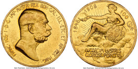 Franz Joseph I gold Proof "Lady in the Clouds" 100 Corona 1908 PR55 NGC, Kremnitz mint, KM2812, Fr-514. Struck to commemorate the 60th anniversary of ...