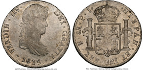 Ferdinand VII 8 Reales 1813 PTS-PJ AU55 NGC, Potosi mint, KM84, Cal-1376. FERDIN IIV variety. A classic error type with a backwards Roman-numeral engr...
