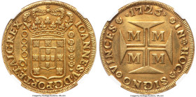 João V gold 20000 Reis (Dobrão) 1725-M AU Details (Cleaned) NGC, Minas Gerais (Vila Rica) mint, KM117, LMB-249, Fr-33. Deeply struck, featuring promin...