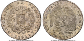 Republic 2 Reales 1852 So-LA MS64+ NGC, Santiago mint, KM100.2. A beaming examples of an already difficult type, whose clear originality easily knows ...