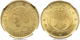 Republic gold 8 Escudos 1830-RS MS63 NGC, Bogota mint, KM82.1, Fr-67. Engulfed by a sheen of satin and beset by the usual pockmarks across the fields ...