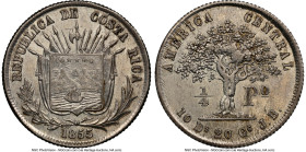 Republic 1/4 Peso 1855-JB MS62 NGC, San Jose mint, KM103. A "Top Pop" example of this key date Costa Rican selection. A bit flat on the design high po...