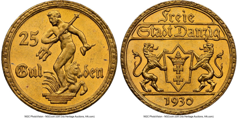 Free City gold 25 Gulden 1930 MS64+ NGC, Berlin mint, KM150, Fr-44 (there, under...