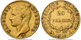 Napoleon gold 20 Francs L'An 14 (1805/1806)-I XF45 NGC, Limoges mint, KM663.2, Fr-488. Clasped hands mintmark. Exhibiting moderate circulation wear an...