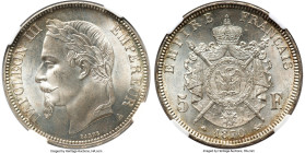 Napoleon III 5 Francs 1870-A MS65+ NGC, Paris mint, KM799.1, Gad-739, F-331. Situated in the upper echelons of the census, showing mint fresh luster s...