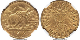 German Colony. Wilhelm II gold 15 Rupien 1916-T MS63 NGC, Tabora mint, KM16.1, J-728. Mintage: 9,803. Arabesque below the T in "OSTAFRIKA" variety. Th...