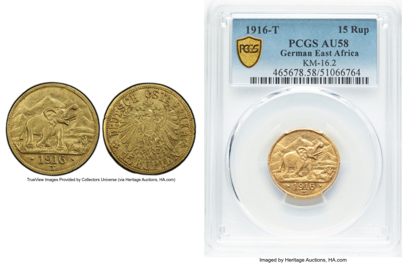 German Colony. Wilhelm II gold 15 Rupien 1916-T AU58 PCGS, Tabora mint, KM16.2, ...