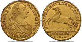 Brunswick-Wolfenbuttel. Karl I gold 5 Thaler 1765-IDB MS63 NGC, KM915, Fr-714. The picture-perfect portrait of the long-reigning Prince is framed by a...