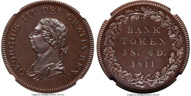 George III copper Proof Pattern Bank Token of 5 Shillings 6 Pence 1811 PR65 Brown NGC, KM-PnD68, ESC-1996 (prev. ESC-206). By I. Philip. Made for the ...