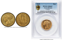 Victoria gold Sovereign 1845 MS62 PCGS, KM736.1, S-3852, Fr-387e. A charming example of this lightly handled "young head" Victoria sovereign with love...