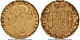Victoria gold "827 on Bust" Sovereign 1863 AU Details (Obverse Scratched) NGC, KM736.1, S-3852F, Marsh-46A (R6), Fr-387h. Die number 827 on truncation...