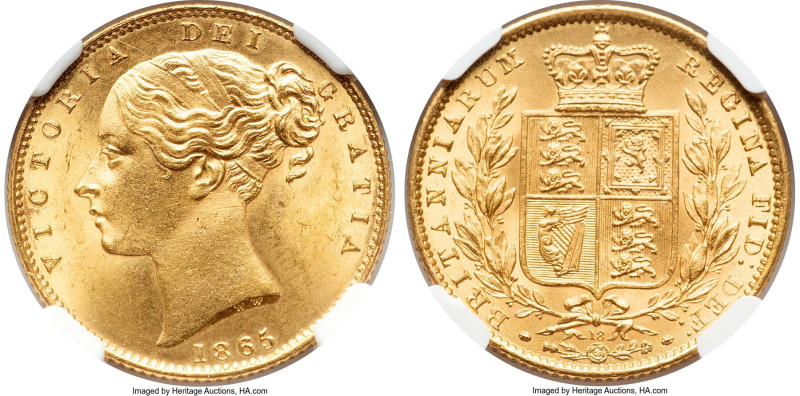 Victoria gold Sovereign 1865 MS65 NGC, KM736.2, S-3853. Die #18. A difficult dat...