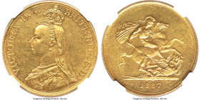 Victoria gold 5 Pounds 1887 MS61 NGC, KM769, S-3864. The royal gold planchet underpins the dignity of the jubilee portrait, witnessed here with its ch...