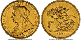 Victoria gold 5 Pounds 1893 AU53 NGC, KM787, S-3872. An ever-popular large gold emission of Victoria, featuring her instantly recognizable veiled port...