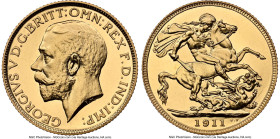 George V gold Proof Sovereign 1911 PR65 NGC, KM820, S-3996. Mintage: 3,764. A lovely example of this ever-popular coronation issue. With watery fields...