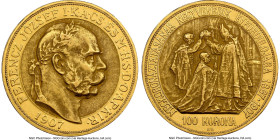 Franz Joseph I gold "Coronation Anniversary" 100 Korona 1907-KB AU58 NGC, Kremnitz mint, KM490, Fr-256, Husz-2213. Mintage: 10,897. Struck to commemor...