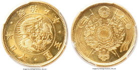 Meiji gold 5 Yen Year 5 (1872) MS66 PCGS, KM-Y11a, JNDA 01-3A, Fr-47a. Aglow in fresh luster and imbued by a subtle shade of scarlet that weaves its w...