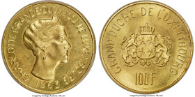 Charlotte gold Essai Specimen 100 Francs 1963 SP63 PCGS, Brussels mint, KM-E67. Mintage: 50. A seldom-seen offering of a larger denomination in this E...